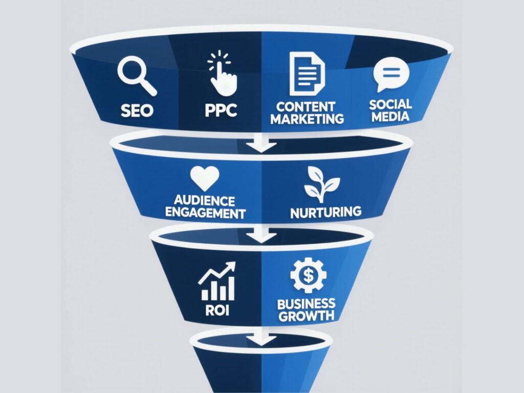 Marketing strategy funnel showing lead generation to ROI tied to digital tactics around digital marketing agency near me
