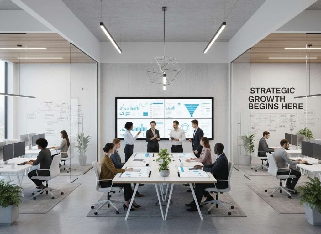 Modern digital marketing team working on strategies in a high-tech office environment