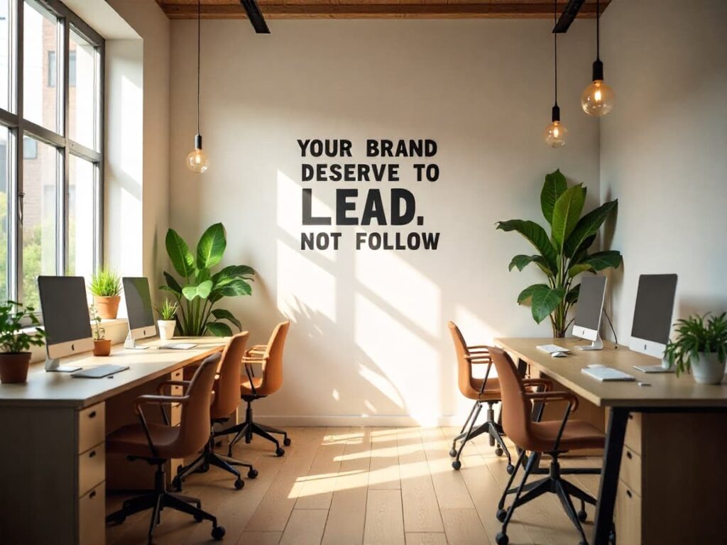 Creative digital workspace with inspiring quote and positive atmosphere encouraging brand growth 