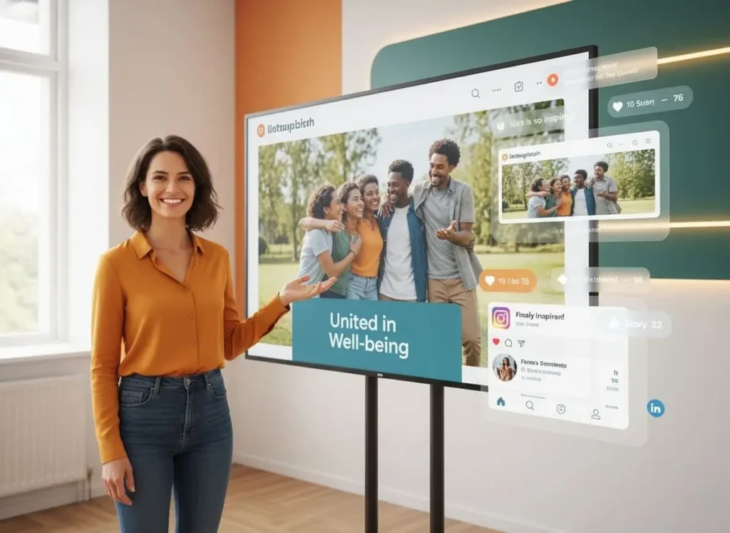 Happy marketer looking at high-performing emotional brand campaigns with social media engagement and positive feedback.