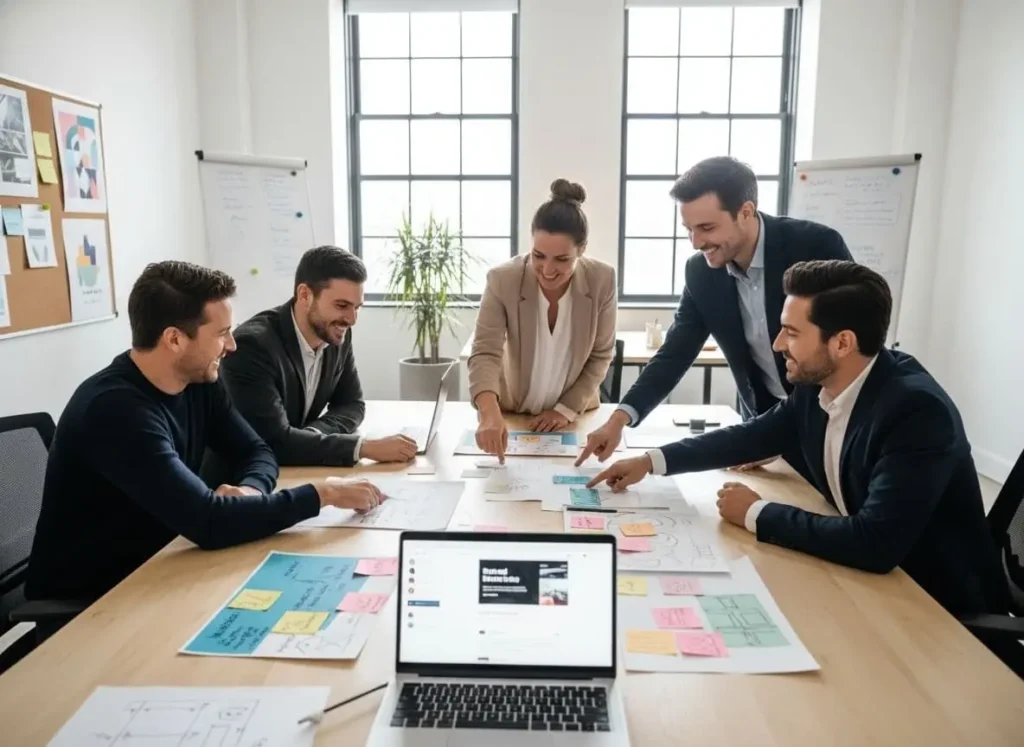 Brand strategist working closely with a small business team to plan impactful brand advertising campaigns.