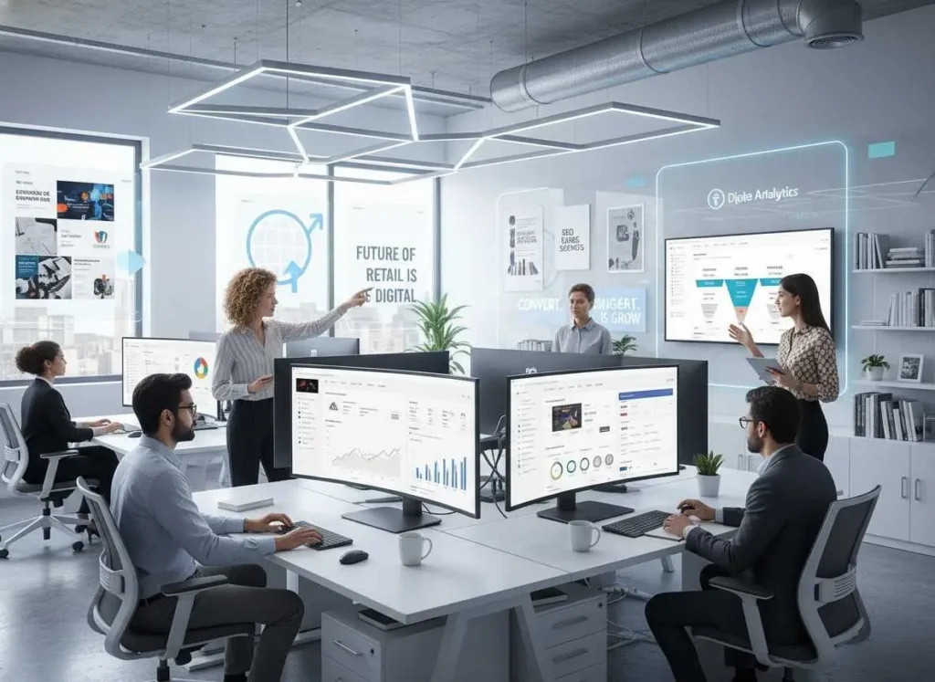 A high-performance digital marketing setup with real-time analytics and creative strategy visuals for scaling e-commerce brands.