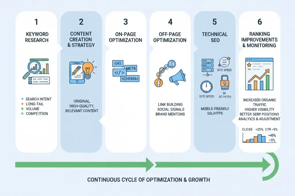 SEO process showing how search engine optimisation improves website ranking and organic traffic
