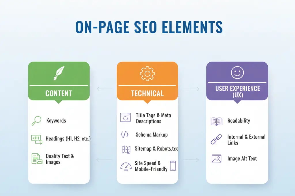 Complete breakdown of on-page SEO components including content optimization and technical elements