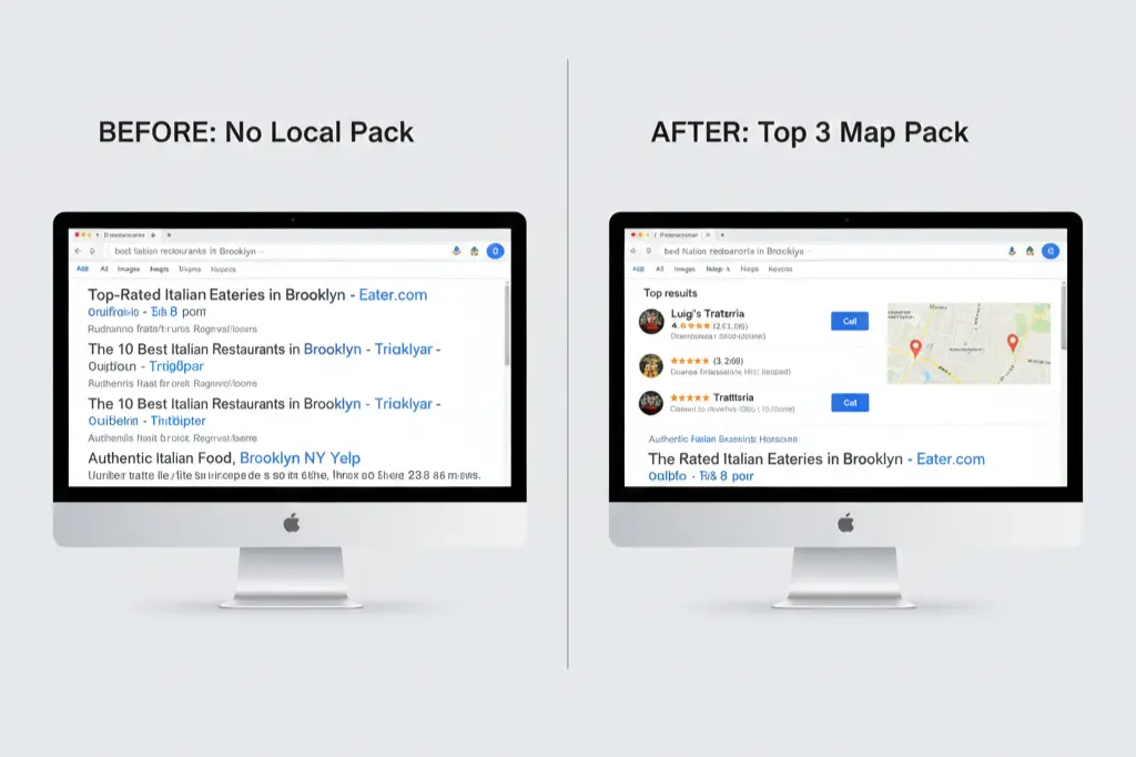 Before and after comparison of local SEO optimization showing improved Google Map Pack rankings