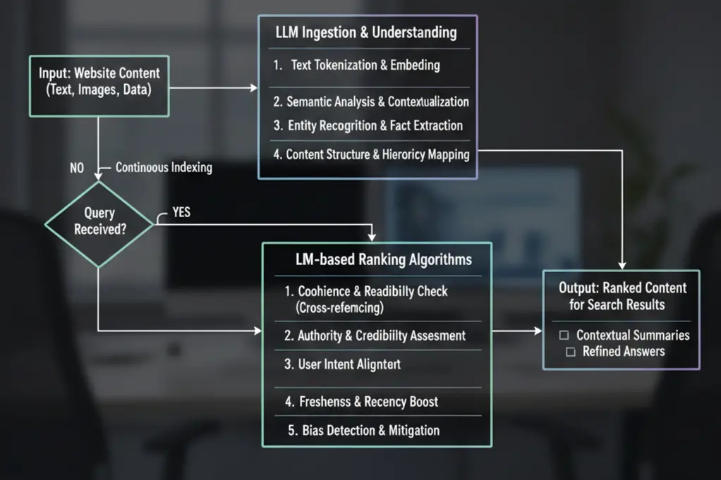Visual representation of LLM content analysis and semantic ranking process