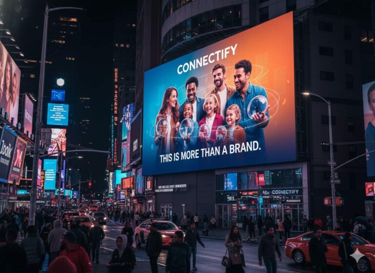 High-impact brand advertisement displayed on a digital billboard in a bustling modern city, grabbing attention with emotional creative.