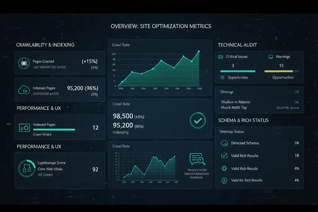 Professional technical SEO tools dashboard displaying site optimization metrics