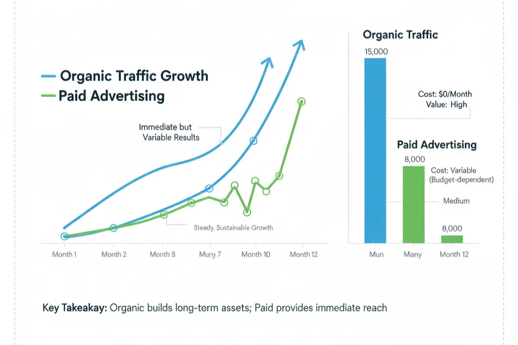Graph comparing SEO long-term benefits versus paid advertising for business growth