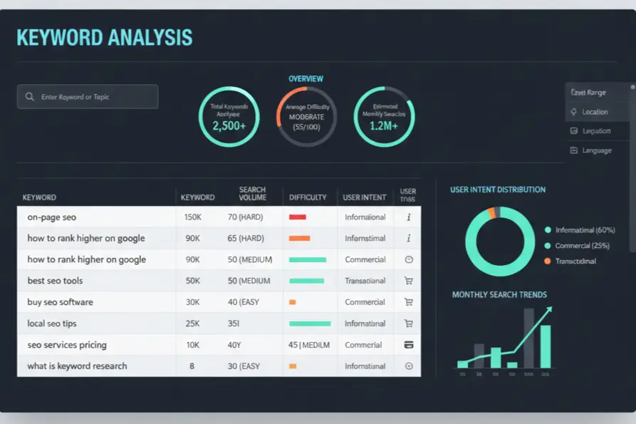 Keyword research dashboard displaying search volume analysis and user intent mapping for SEO optimization
