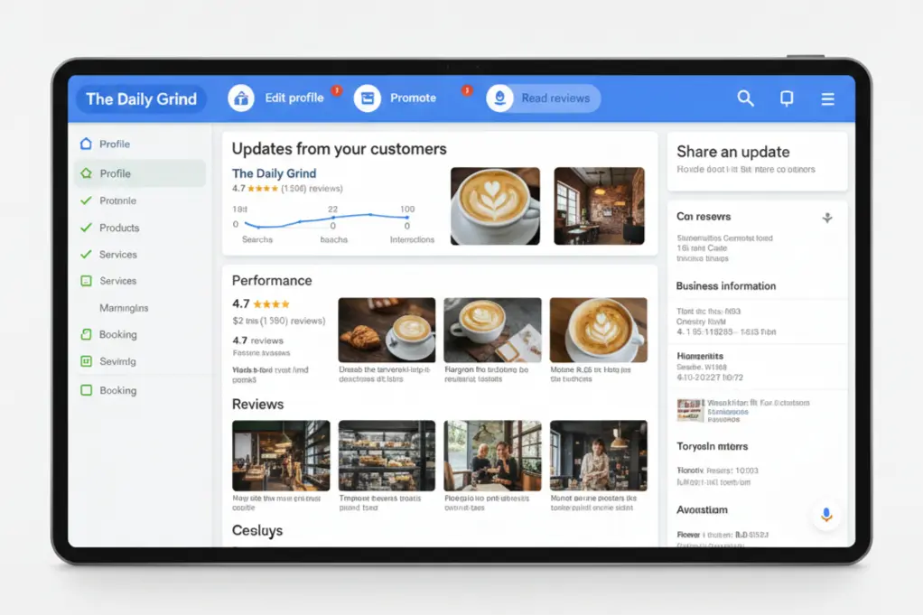 Fully optimized Google Business Profile with complete information, photos, and customer engagement metrics