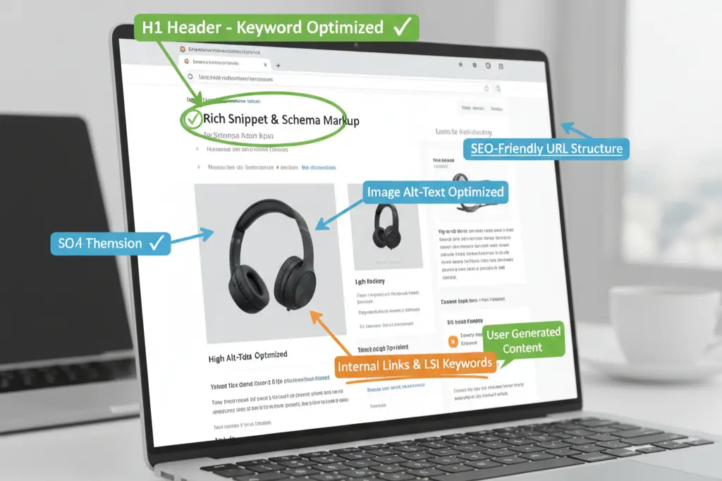 On-page SEO optimization showing title tags, meta descriptions, and header structure improvements