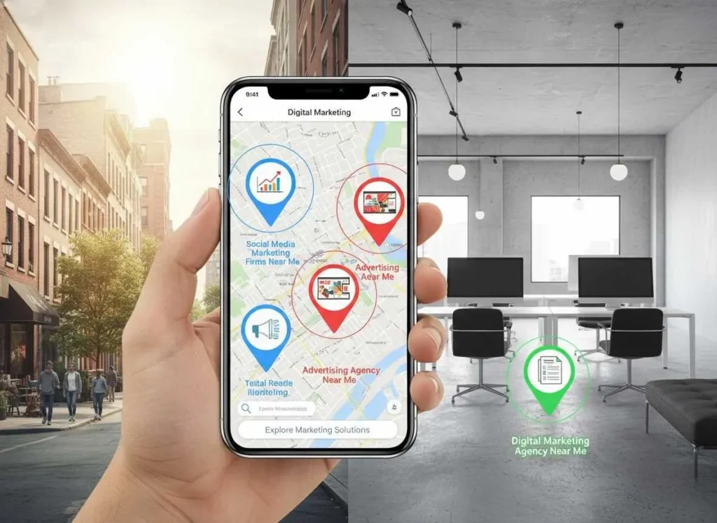 City map overlaid with location tags for nearby marketing and advertising agencies with digital service icons.