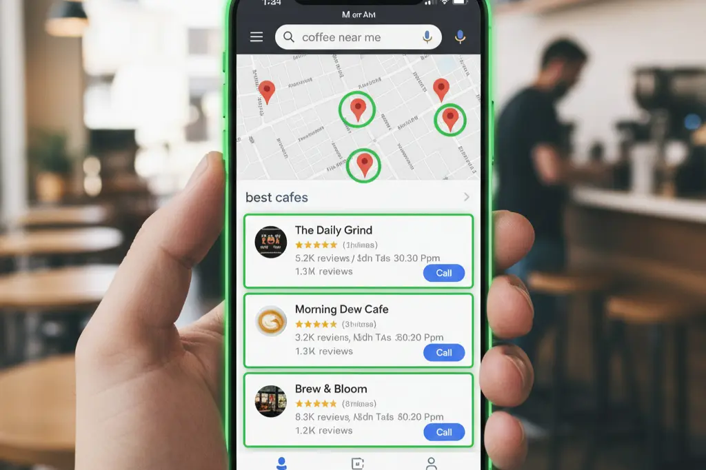 Google Map pack showing top three local business rankings achieved through local SEO optimization