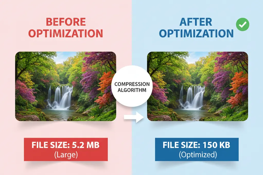 Image optimization comparison showing file size reduction from 2.5MB to 250KB with maintained visual quality