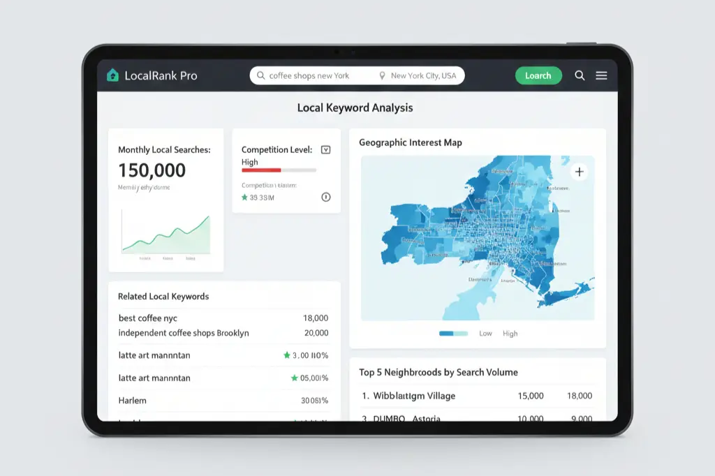 Local keyword research dashboard displaying search volume and competition metrics for location-based queries