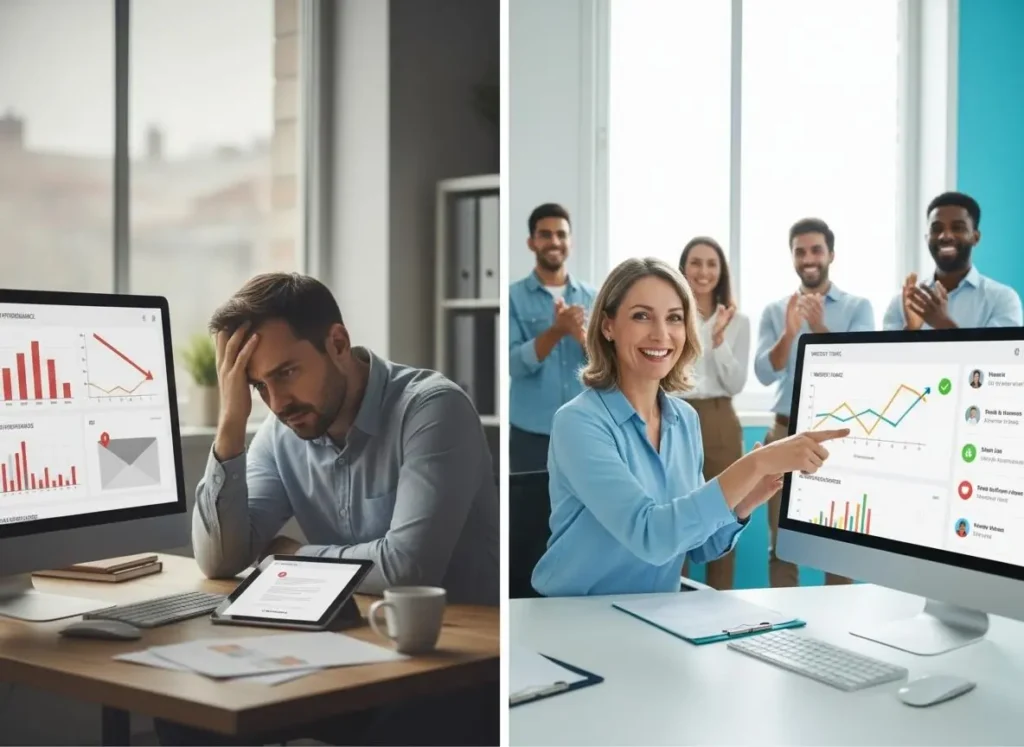 Comparison of failed marketing campaigns vs successful digital results with emotional expressions and performance visuals.