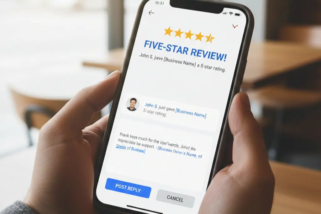 Business owner responding to positive Google review to build customer trust and local SEO authority
