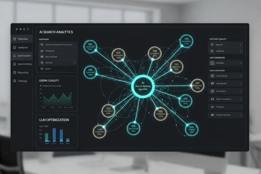 AI neural network diagram illustrating LLM ranking signals and authority factors