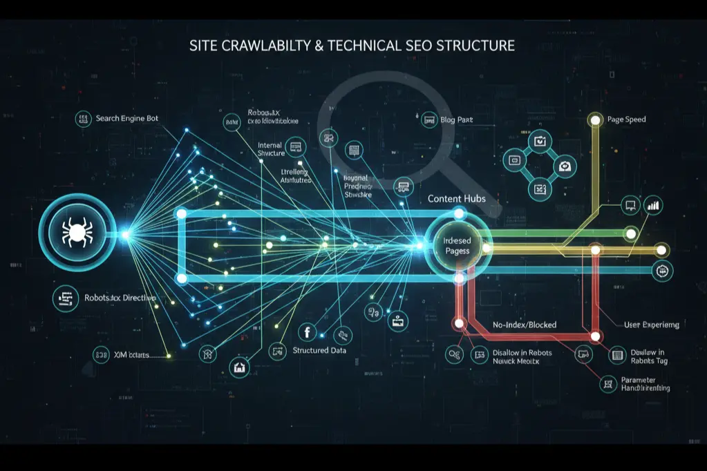 Site crawlability map highlighting indexing pathways and technical SEO structure