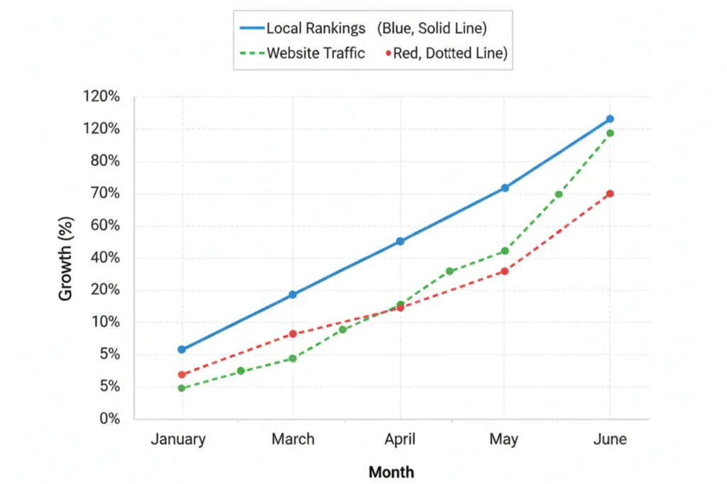 Local SEO performance metrics showing steady growth in rankings, traffic, and customer engagement over six months