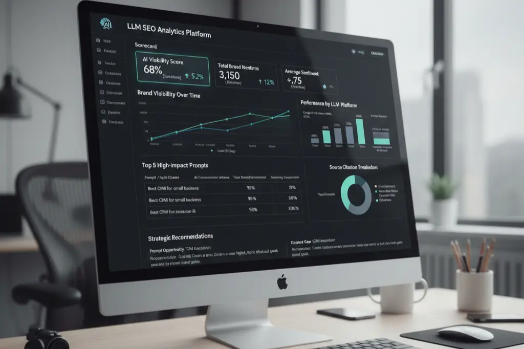 Advanced LLM SEO analytics platform showing brand authority and AI visibility metrics