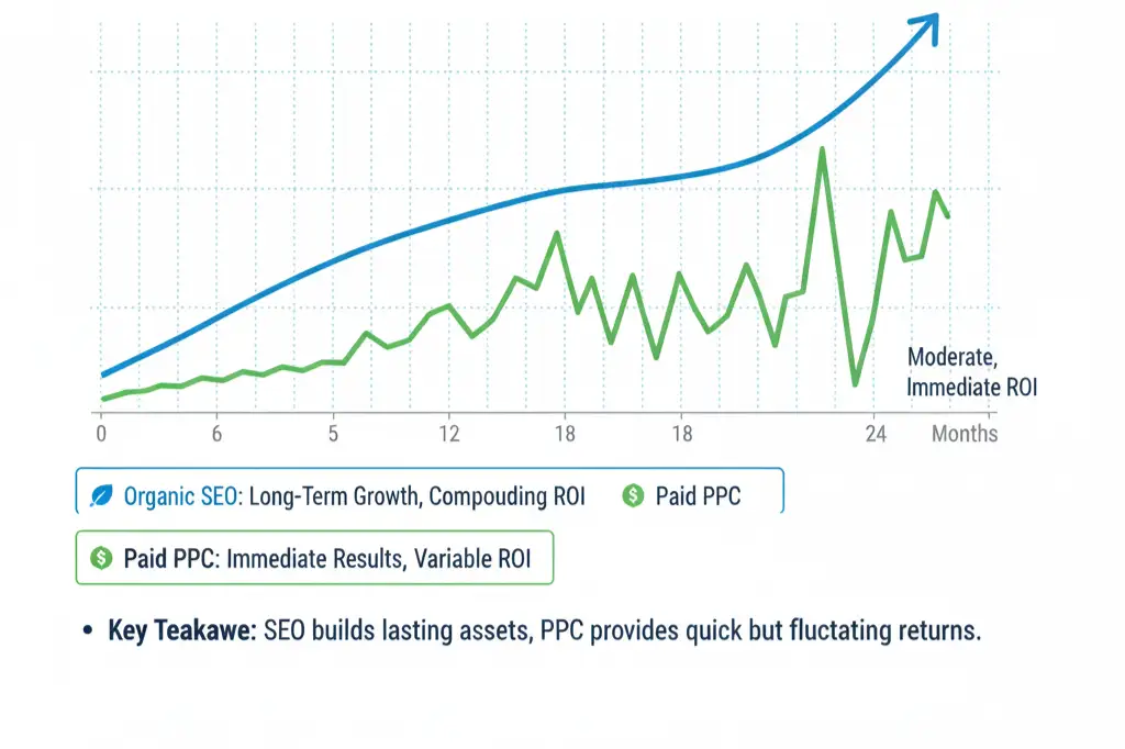 SEO versus paid advertising return on investment comparison for business growth