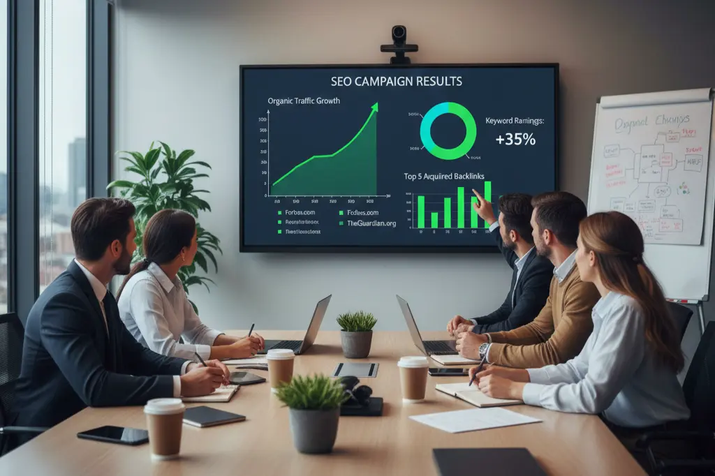Professional off-page SEO company presenting authority-building campaign results
