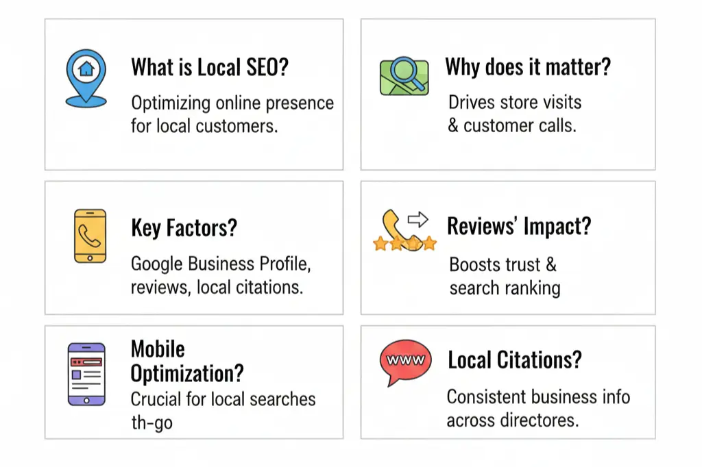 Common local SEO questions answered with visual icons showing timeframes, costs, and benefits