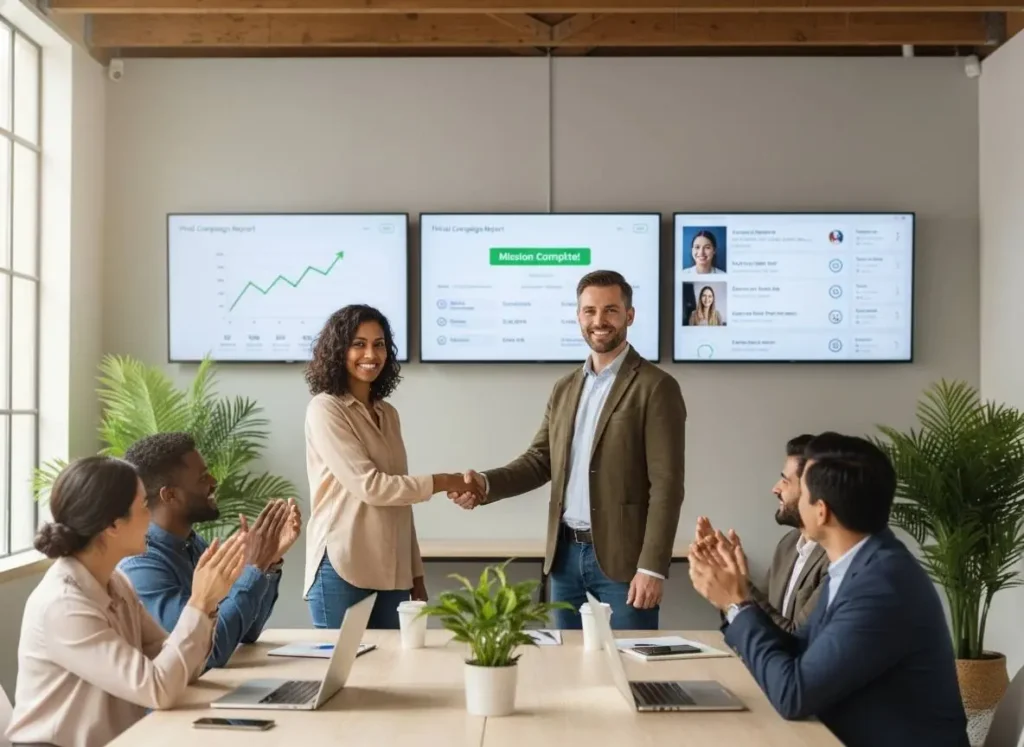 Happy clients shaking hands with marketing strategists after a successful campaign in a collaborative workspace.