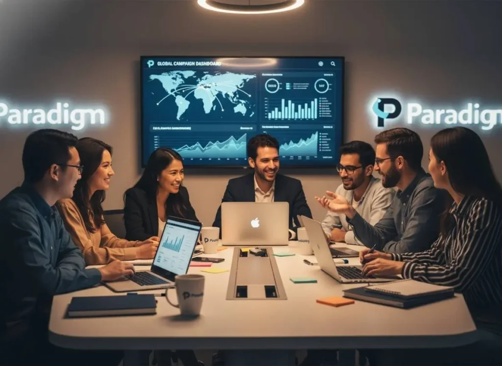 Team of global marketers working together with digital tools to plan eCommerce growth strategies.