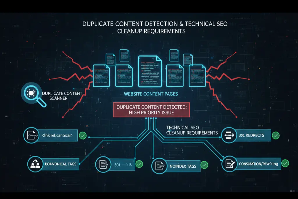 Duplicate content detection showing technical SEO cleanup requirements