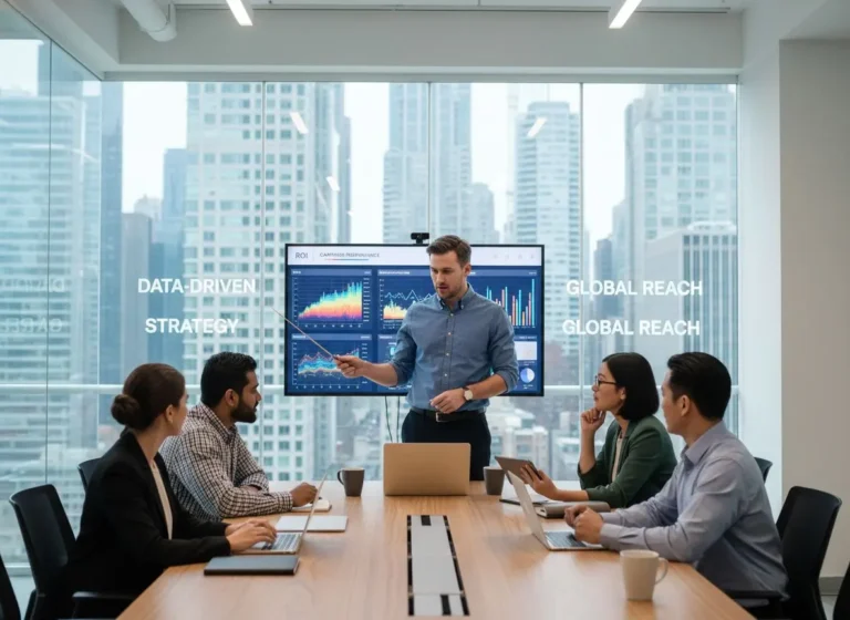 A digital marketing team analyzing performance data to optimize client ROI during a strategic planning session.