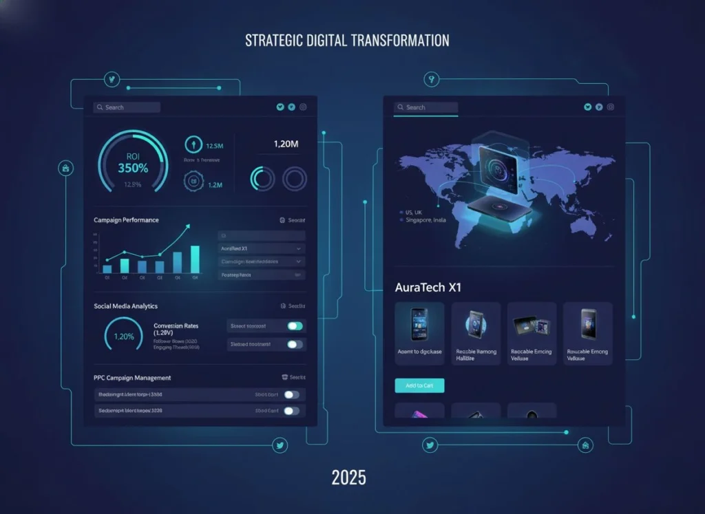 A futuristic blend of digital marketing dashboards and modern e-commerce storefront, showcasing key analytics, global reach, and data-driven strategy in 2025.