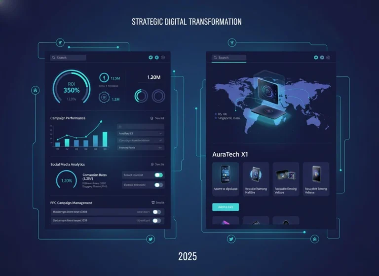 A futuristic blend of digital marketing dashboards and modern e-commerce storefront, showcasing key analytics, global reach, and data-driven strategy in 2025.