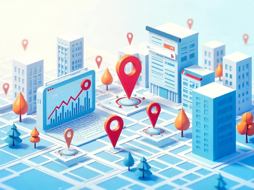 SEO agency near me, Creative visualization of local SEO tactics connecting regional businesses with targeted search users through digital tools