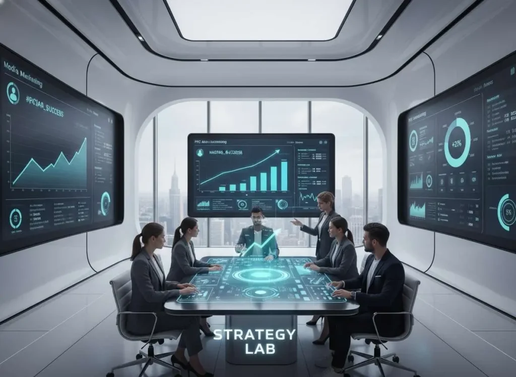 A digital marketing team analyzing media marketing dashboards with campaign performance on screen.