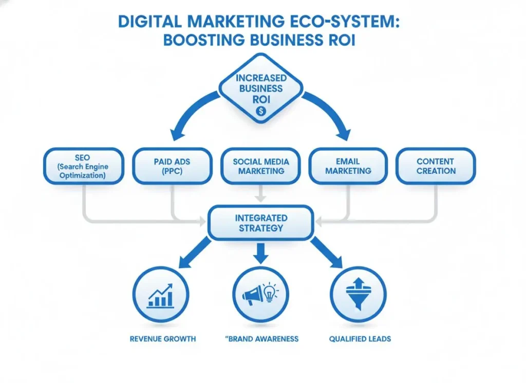 Visual flowchart displaying how various digital marketing services connect to drive measurable ROI.