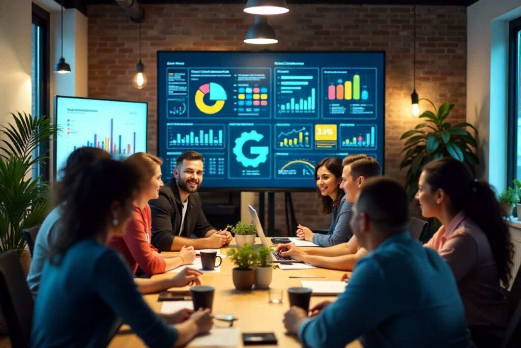 Digital marketing experts collaborating in a global agency office with performance tools and creative strategy displays. (1)