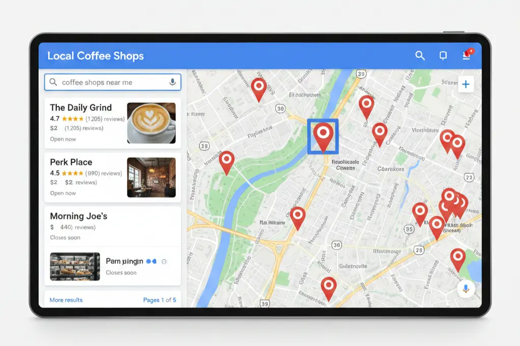 Local business search results on Google Maps showing nearby locations and customer reviews