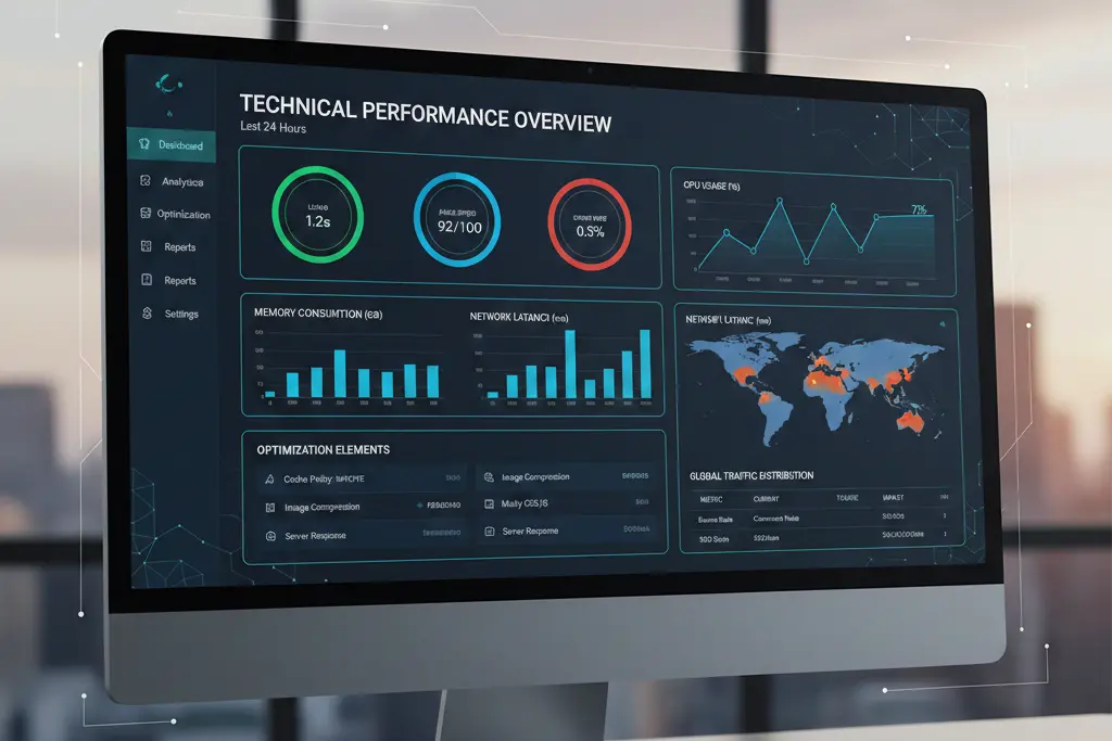 Technical SEO services dashboard displaying site health metrics and optimization improvements