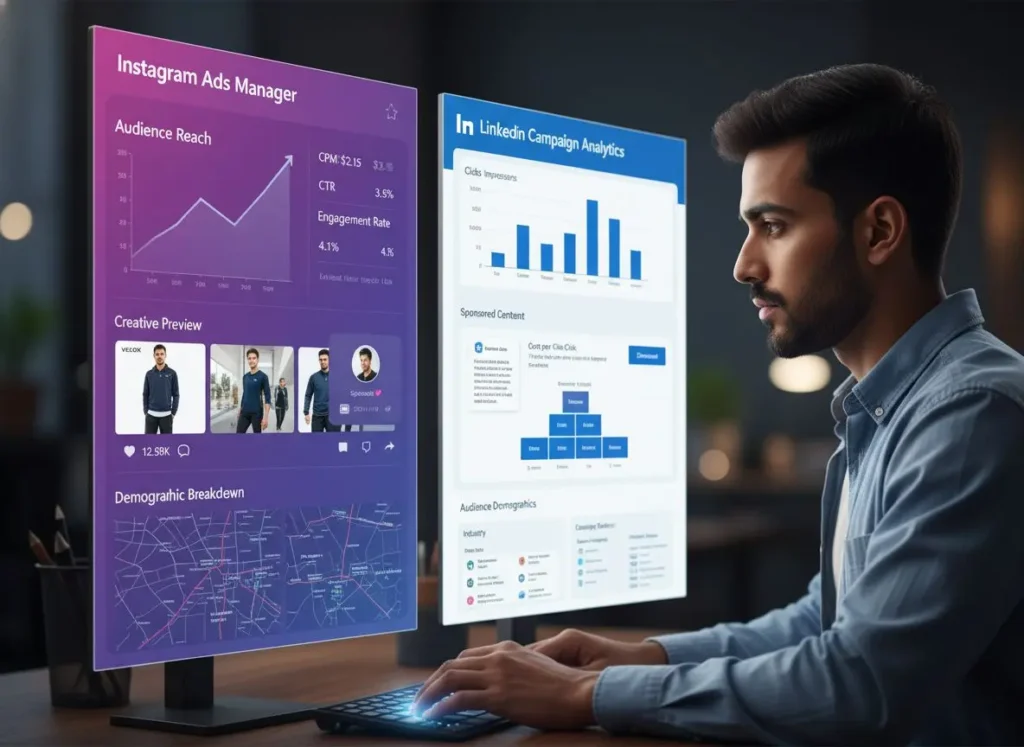 An Instagram and LinkedIn ad dashboard showing real-time engagement and campaign metrics.