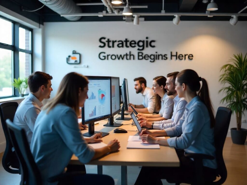 Modern digital marketing team working on strategies in a high-tech office environment