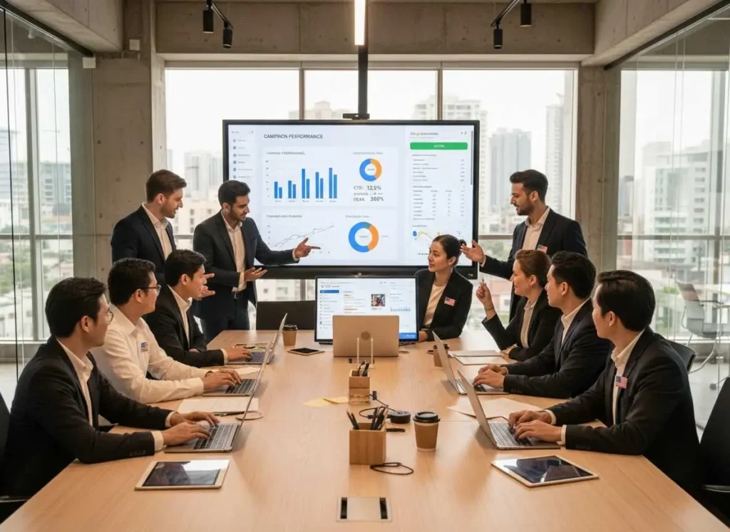 Marketer analyzing digital ad data on screen with team discussion in a modern workspace.