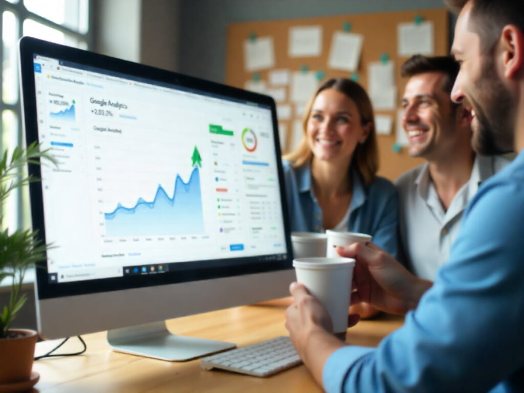 Tracking SEO success with traffic growth and improved analytics shown on screen while celebrating digital campaign milestones