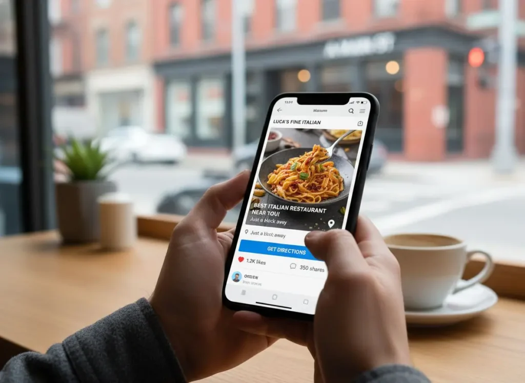 A mobile user seeing a location-targeted social media ad in real time as part of a geo-specific digital marketing campaign.