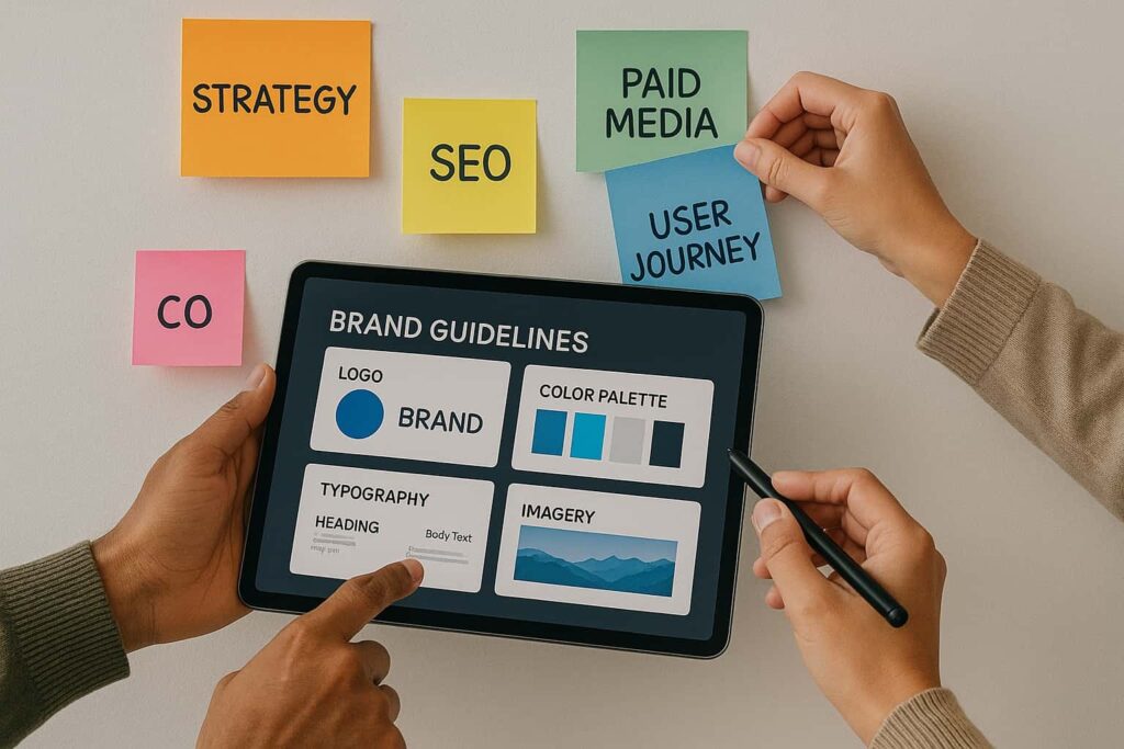 Marketers reviewing digital strategies and planning campaigns for a client’s brand success.