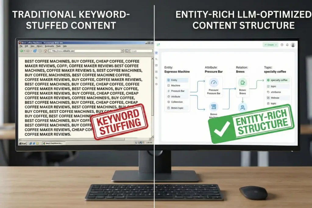 Visual comparison of traditional SEO content versus LLM content optimization approach with entity mapping