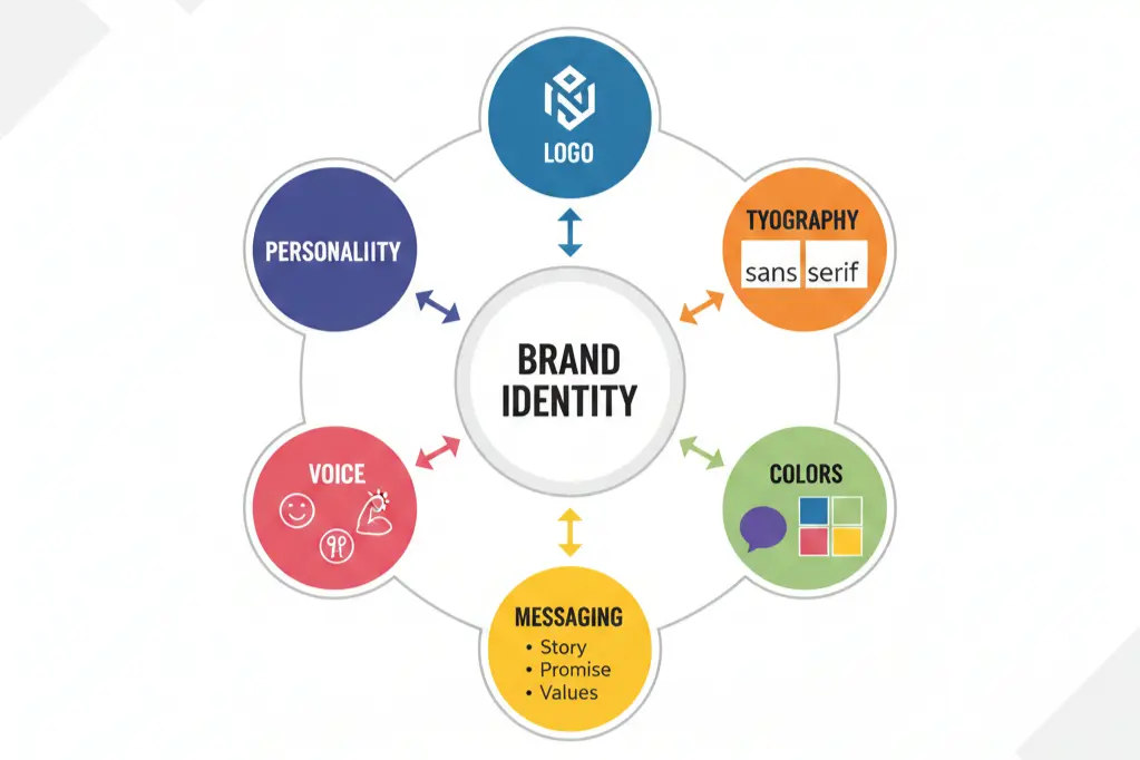 Brand identity components including logo typography colors voice messaging and personality