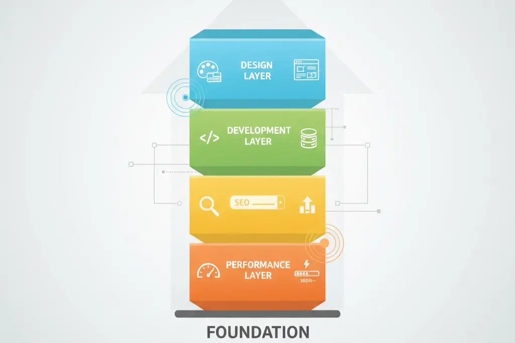 Comprehensive website development layers showing design development SEO and performance optimization